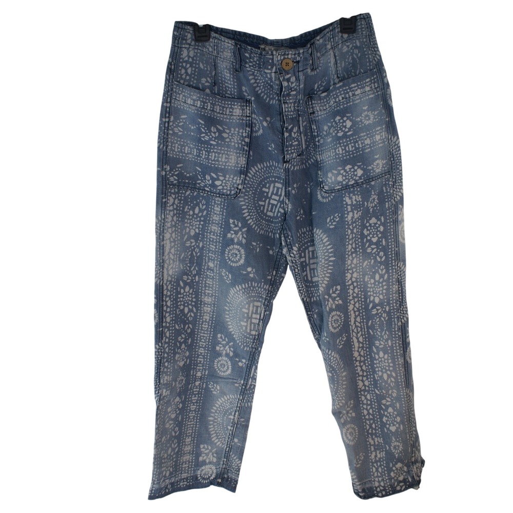 Free People Batik Print Linen Blend Tapered Pants Blue White Size 30 Boho Summer